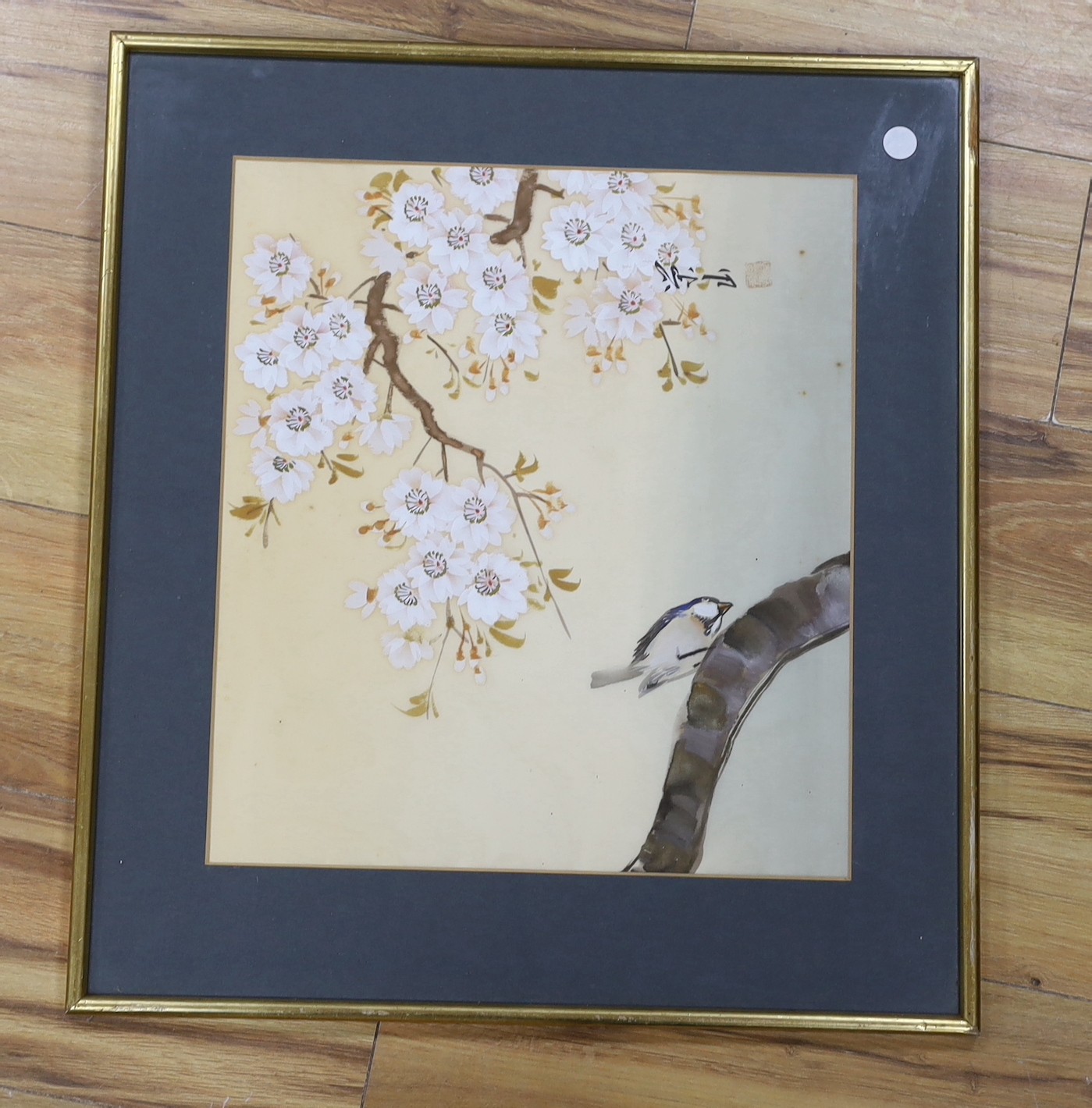 Chinese School, gouache on silk, Blossom and bird on a branch, signed, 40 x 35cm